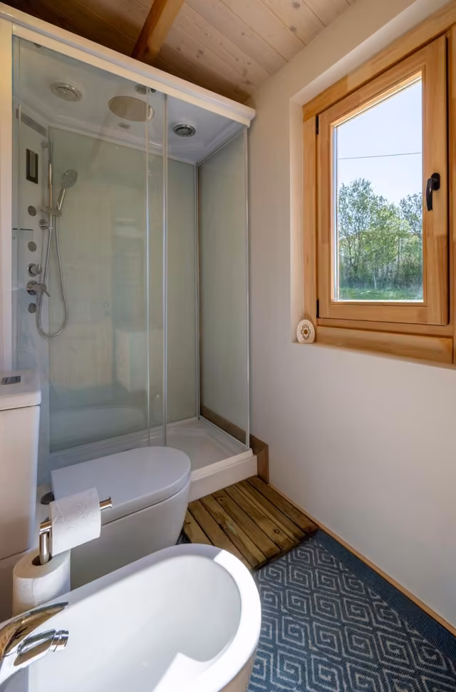 Bagno con WC, doccia e lavandino